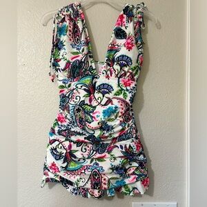 Mazu Swim Colorful Floral One Piece Swimsuit. Ruched Skirt, Wide Straps.